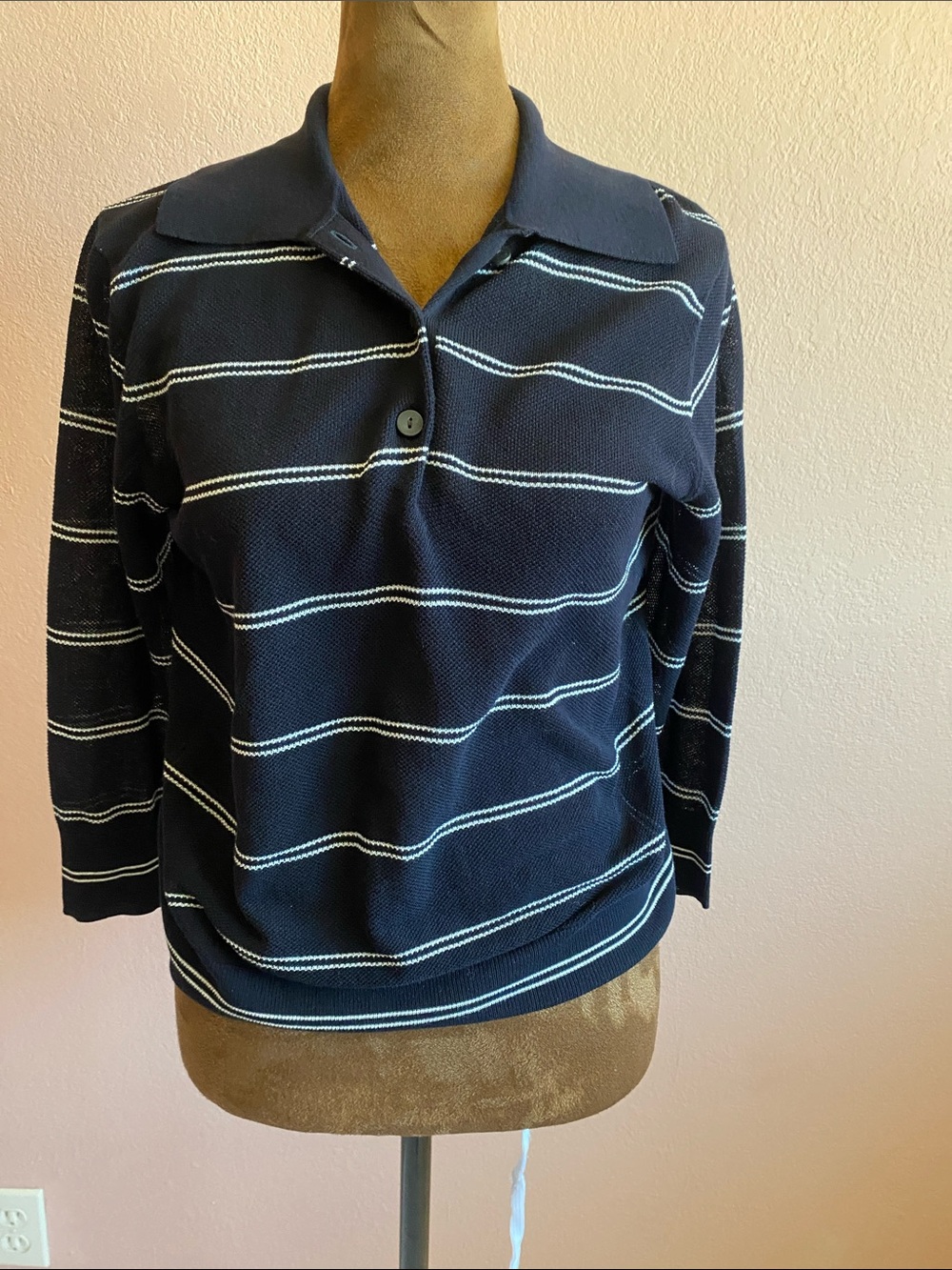 VINCE  100% Cotton Navy and White Striped 3/4 Sleeve Polo Sweater